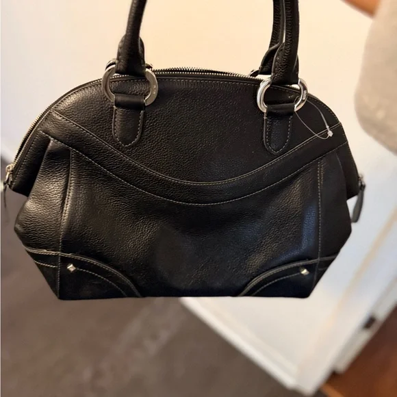 MCM Black Leather Satchel with Silver Accents